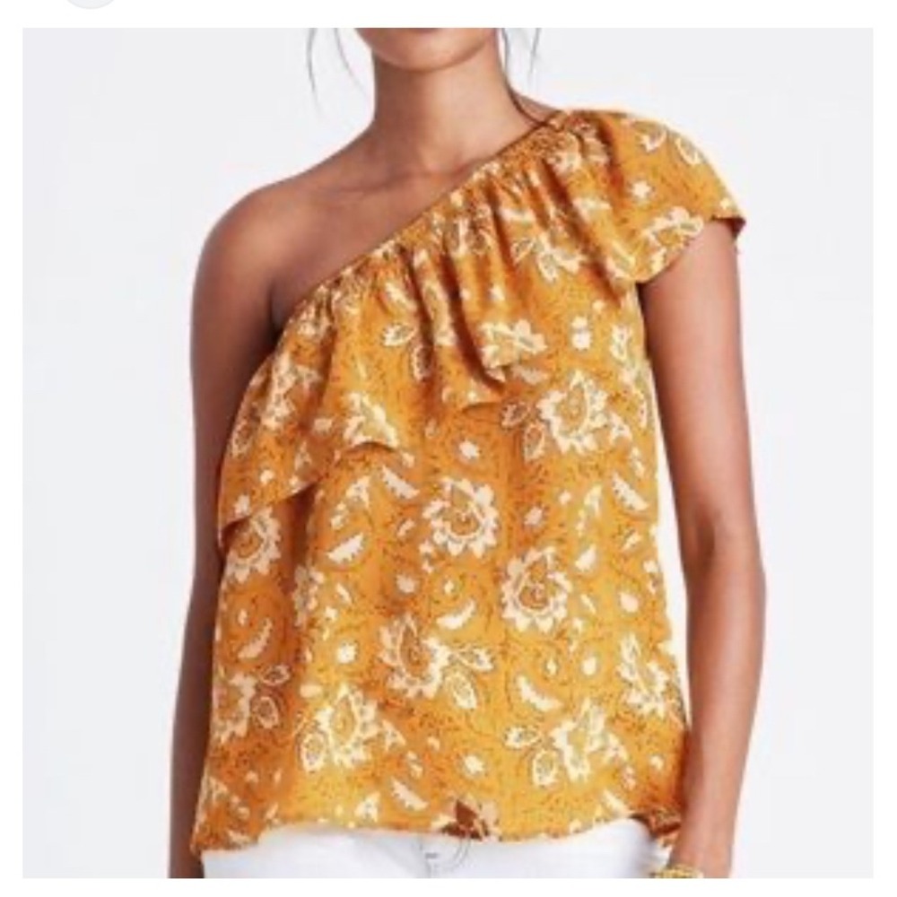Madewell Top XL Mustard Yellow Floral One Shoulder Ruffle Asymmetrical Boho